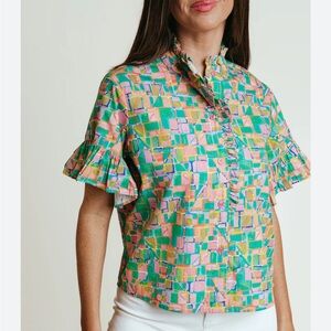 NWOT LAROQUE Gia blouse mock neck ruffle button pink green orange blue MEDIUM